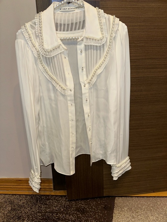 Alice + Olivia Tops - alice + olivia Embellished White Pearl-Trim Blouse M